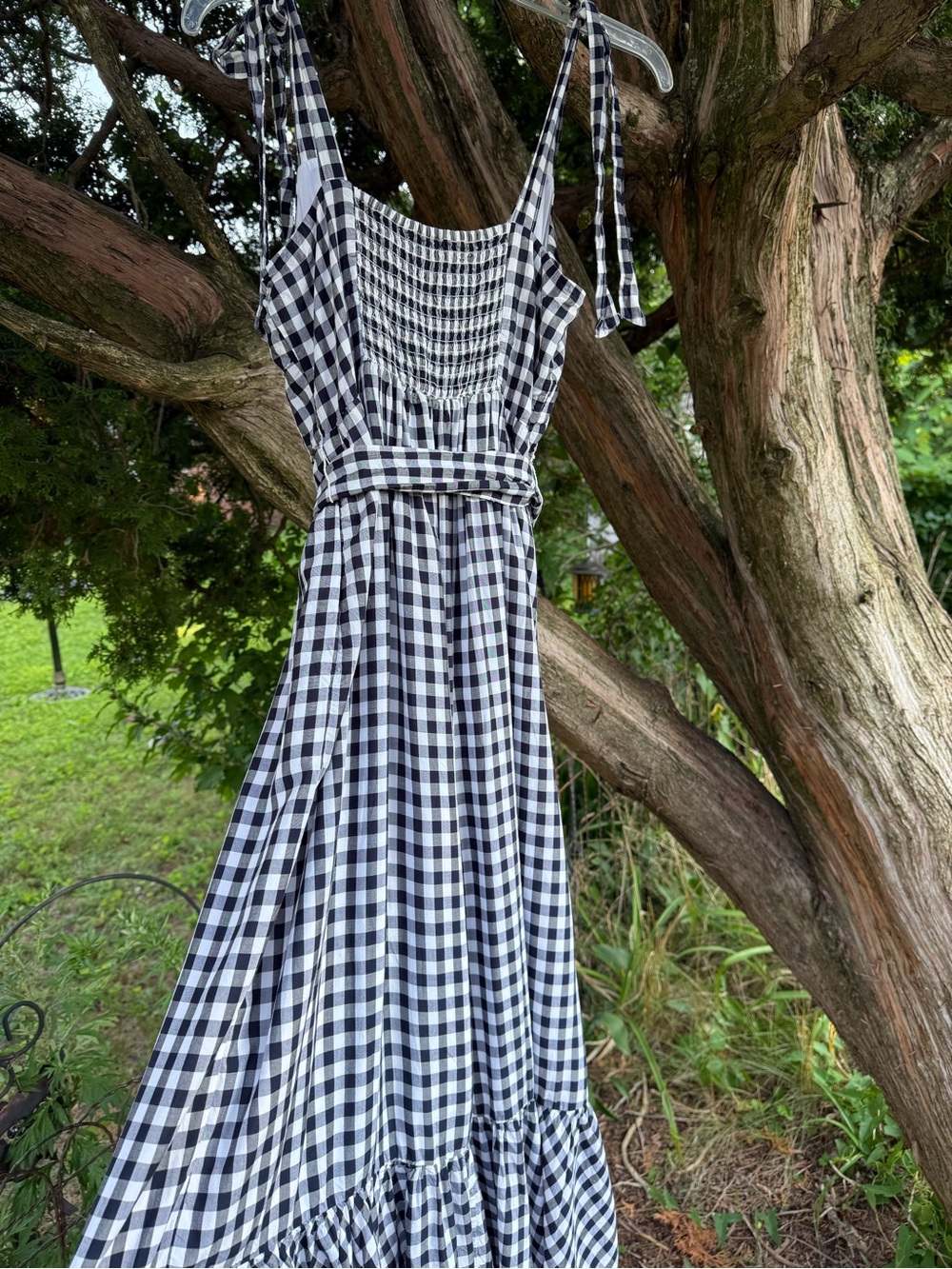 J CREW Gingham Black & White Button Front Size 8 Tie Strap Ruffle Hem Midi Dress - Picture 8 of 16